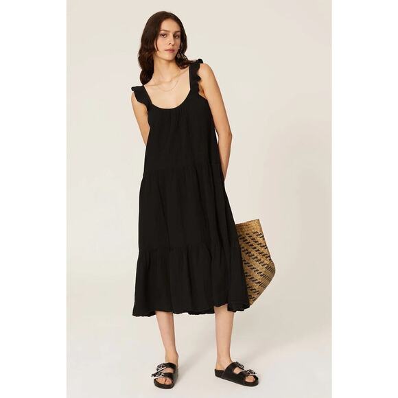 Xirena Rumer Dress Midi Tiered Ruffle Women’s Small Black Pockets Gauzy Beachy - Picture 1 of 11